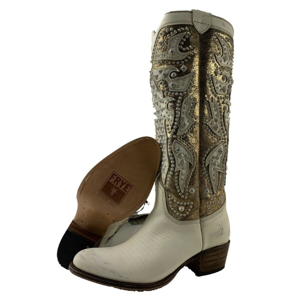 Womens Frye Boots 6 Deborah Deco Tall Studded‎ Off White Distressed Vintage Rare